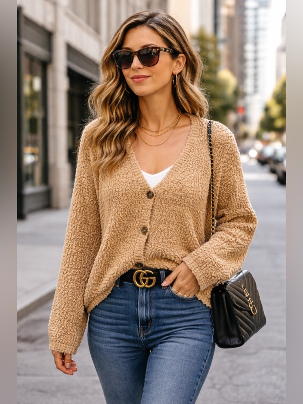 SANCTUARY Women’s Tan Cardigan Sweater with V-neck and Soft Texture